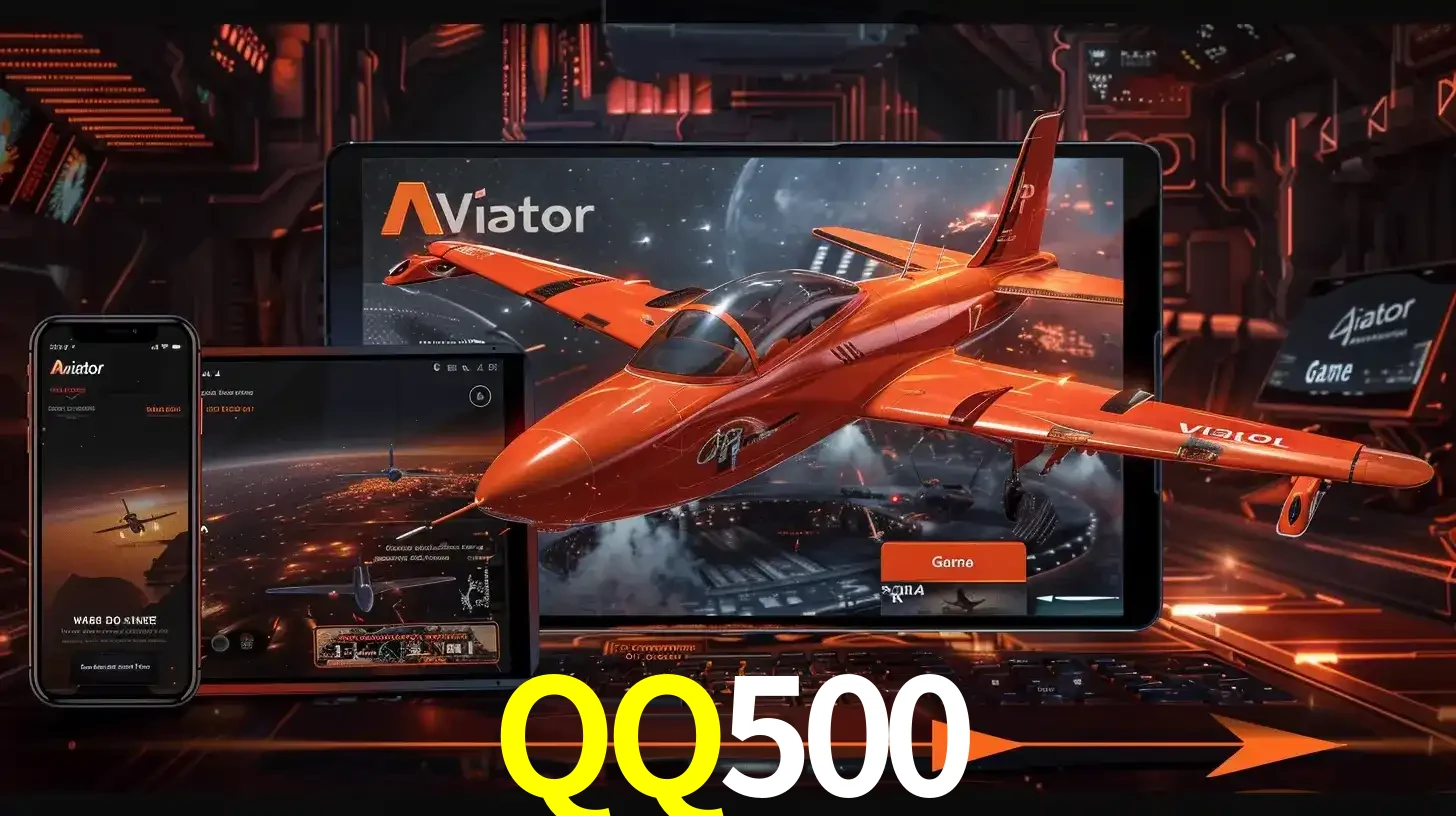 Apresentação tecnológica do jogo Aviator com um avião saindo da tela de um tablet, demonstrando a experiência imersiva em múltiplos dispositivos no QQ500.
