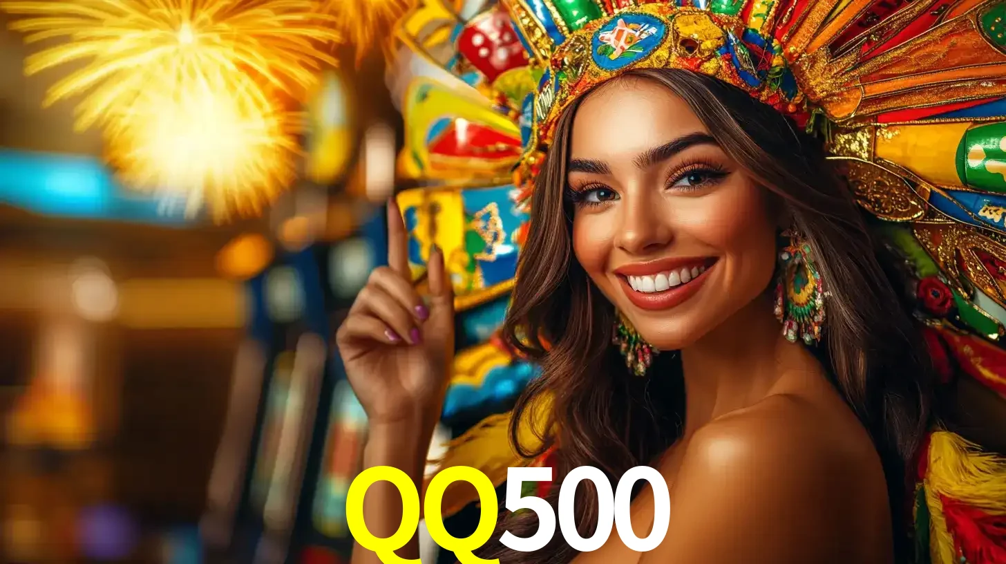 Mulher sorridente com um cocar de carnaval vibrante e colorido, celebrando uma grande vitória nos jogos do cassino QQ500 com fogos de artifício ao fundo.