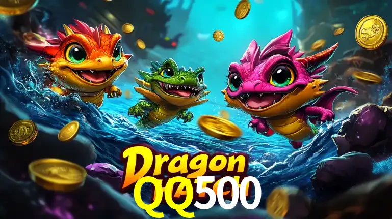 Arte promocional do jogo Dragon Hatch com três adoráveis dragões bebês nadando entre moedas de ouro, um dos slots mais divertidos para jogar no cassino QQ500.