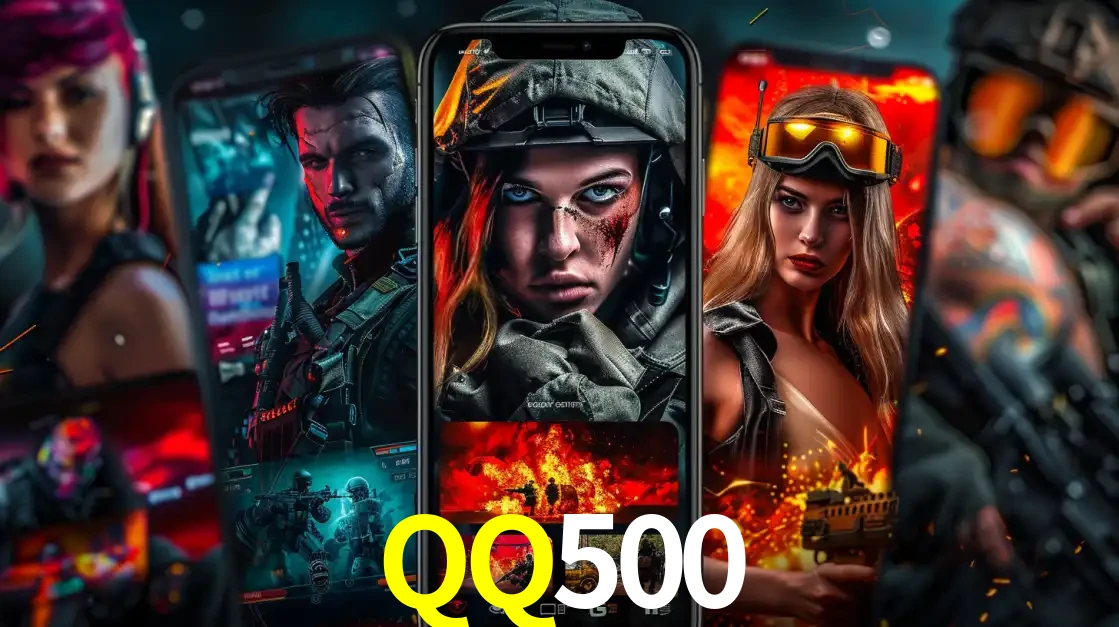 Montagem de telas de celular mostrando diversos personagens, masculinos e femininos, de um jogo de tiro, ilustrando a diversidade de equipes de e-sports para apostar no QQ500.
