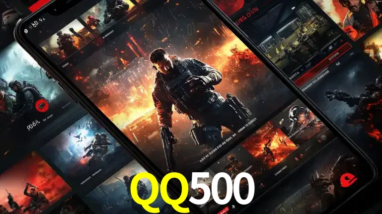 Tela de um celular exibindo uma galeria de jogos de tiro com temática militar, mostrando a variedade de e-sports disponíveis para apostas na plataforma de entretenimento QQ500.