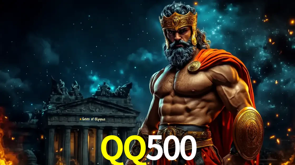 O poderoso Zeus do jogo de slot Gates of Olympus em frente ao seu templo, pronto para lançar multiplicadores divinos e prêmios épicos no cassino online QQ500.