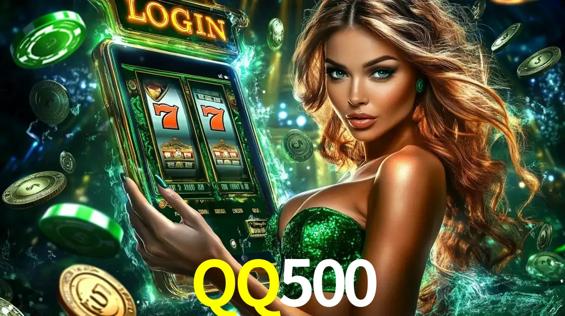 Mulher com tema verde apresentando o aplicativo do cassino QQ500 com um jogo de slot de 777, cercada por fichas de cassino e uma aura de sorte.