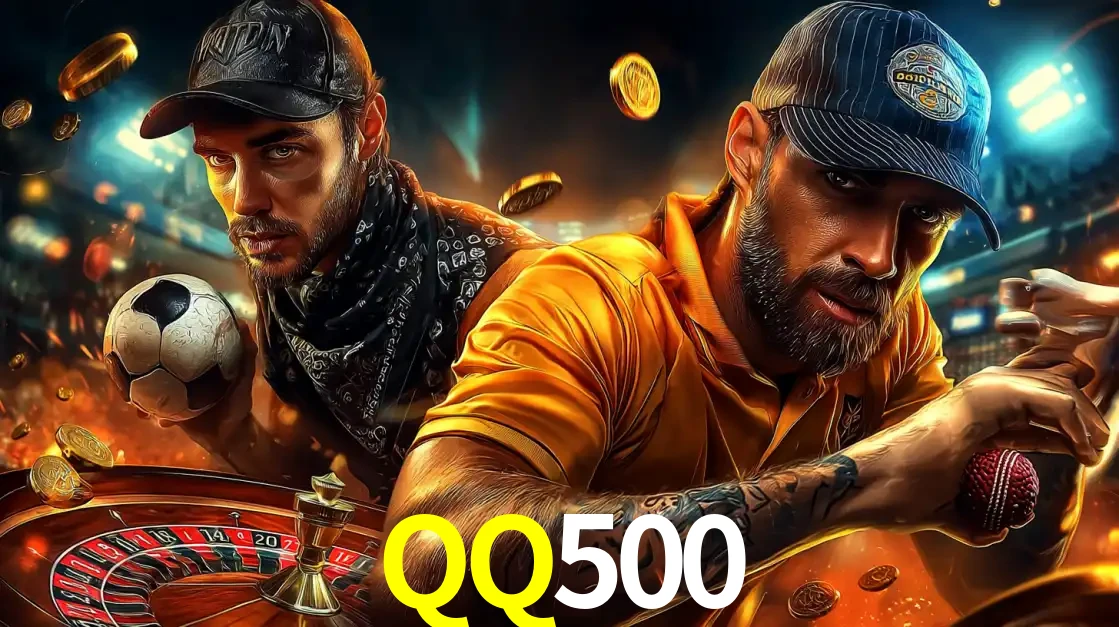 Montagem de apostas esportivas e cassino no QQ500, com um homem segurando uma bola de futebol e outro uma de beisebol sobre uma roleta e moedas voadoras.