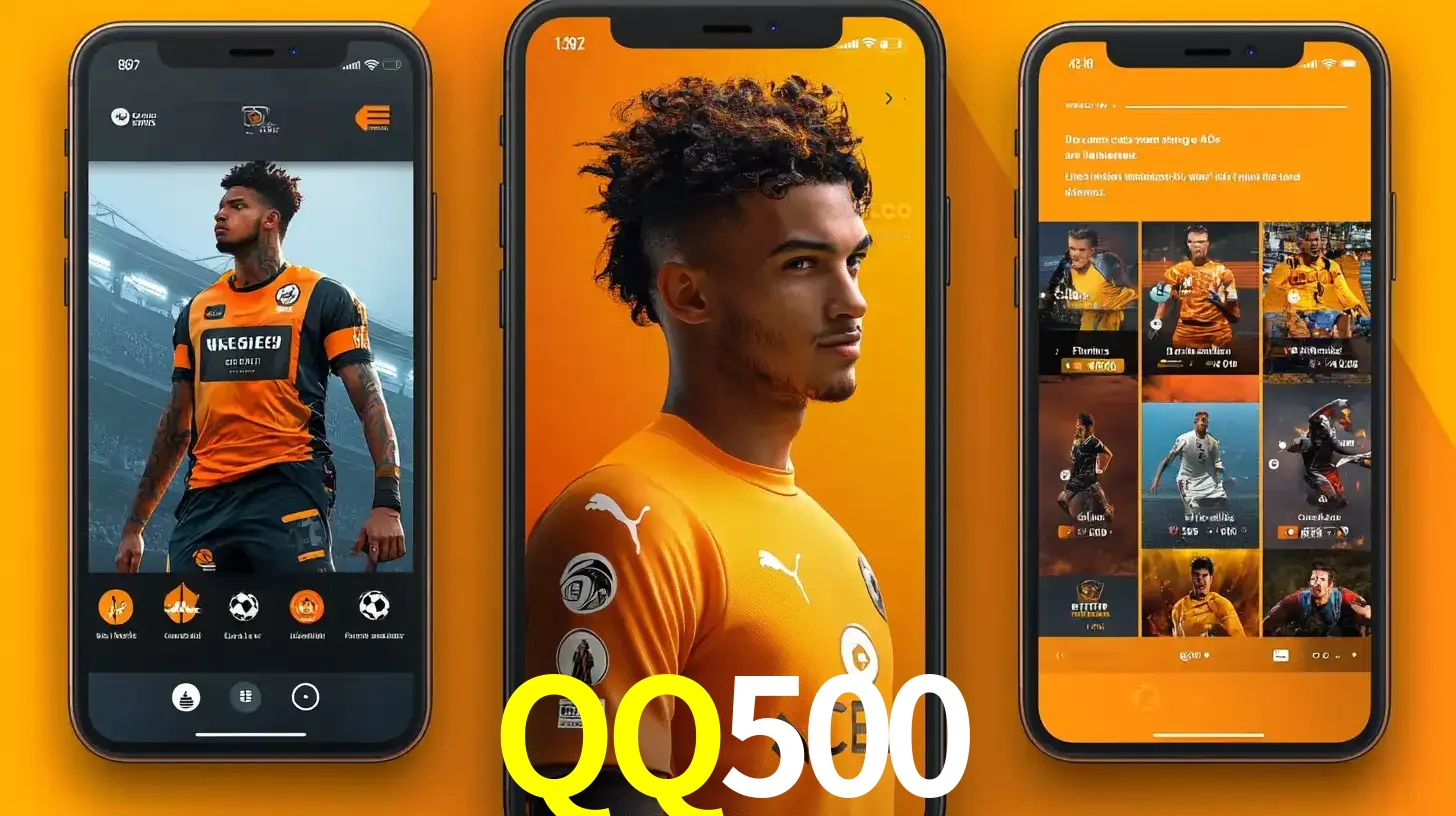 Interface do aplicativo de apostas esportivas QQ500 em três telas de celular, mostrando o perfil de um jogador de futebol e a lista de jogos disponíveis para apostar.