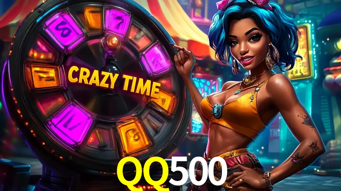 Mulher estilizada com cabelo azul e visual vibrante posando ao lado da roda de prêmios do game show Crazy Time, convidando para a diversão e os bônus do cassino QQ500.