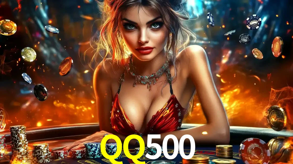 Mulher em uma mesa de cassino com pilhas de fichas e um fundo de fogo, pronta para uma rodada de altas apostas nos jogos de mesa emocionantes do cassino QQ500.