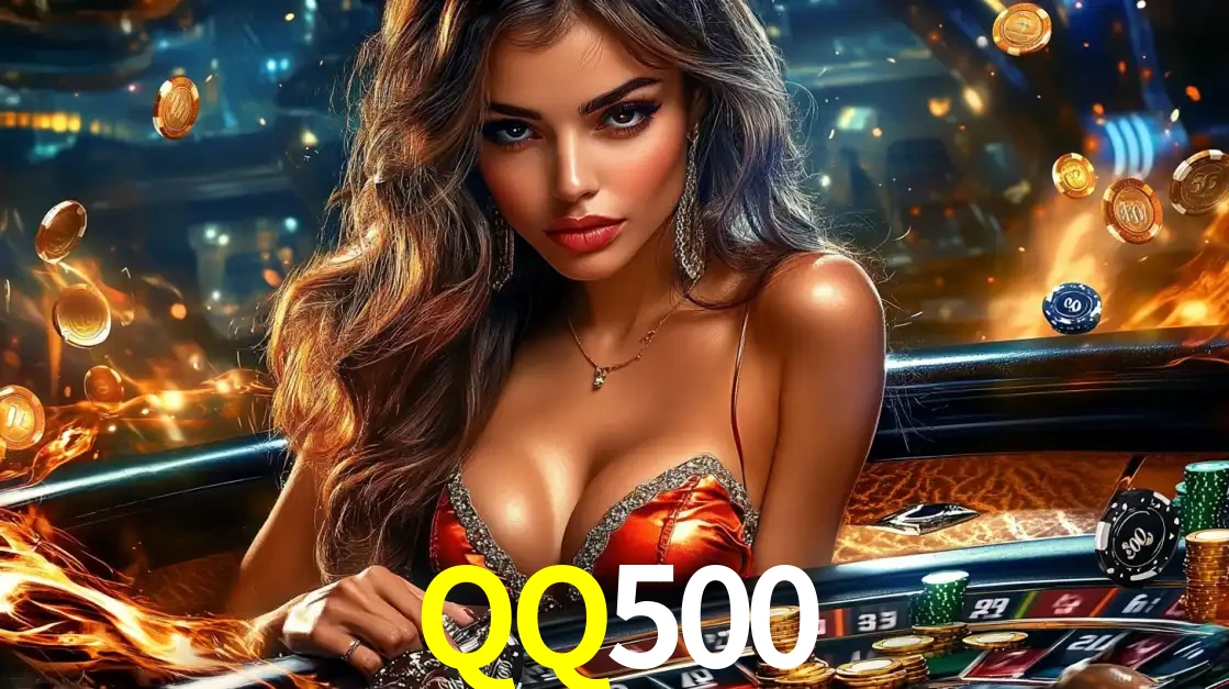 Mulher glamourosa em uma mesa de roleta com um fundo de chamas e moedas voadoras, pronta para fazer sua aposta e ganhar grandes prêmios no cassino ao vivo QQ500.