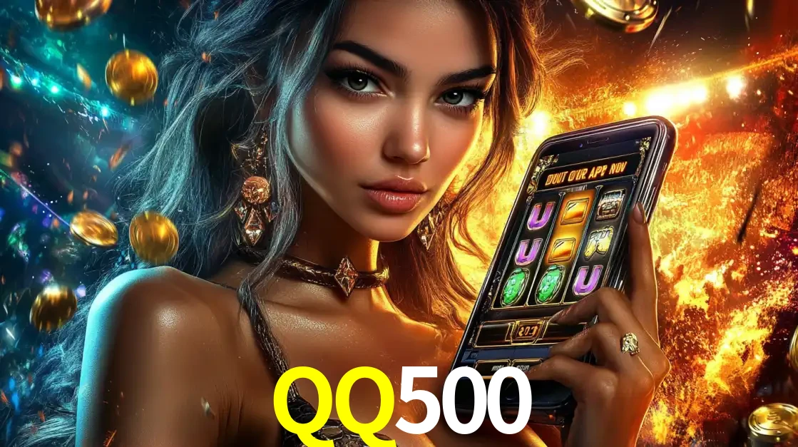 Mulher elegante mostrando um jogo de caça-níqueis em seu smartphone, destacando a experiência de cassino móvel oferecida pelo aplicativo QQ500.