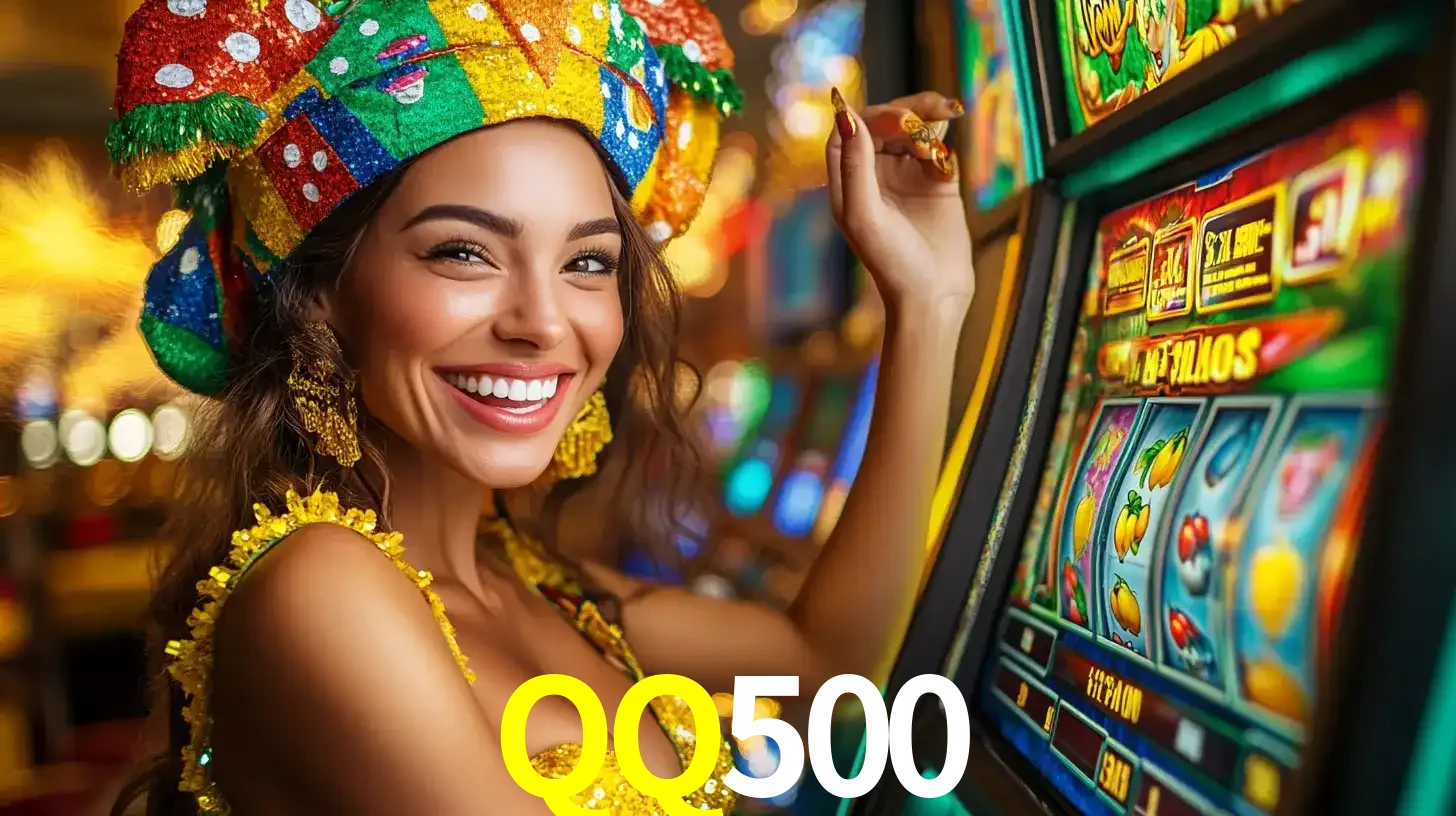 Mulher feliz com traje de carnaval amarelo e colorido ao lado de uma máquina de caça-níqueis, aproveitando a diversão e os jogos temáticos do cassino QQ500.