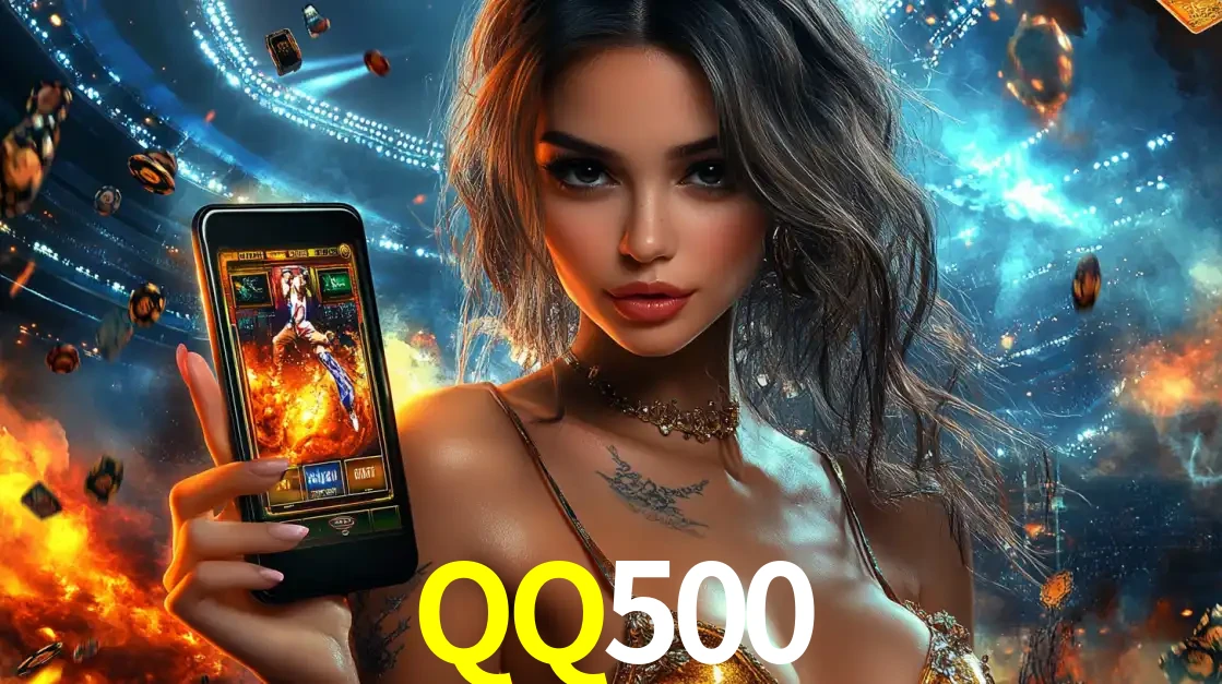 Mulher segurando um celular com um jogo de slot em destaque, tendo como fundo um estádio vibrante, simbolizando a emoção de jogar no cassino móvel QQ500.