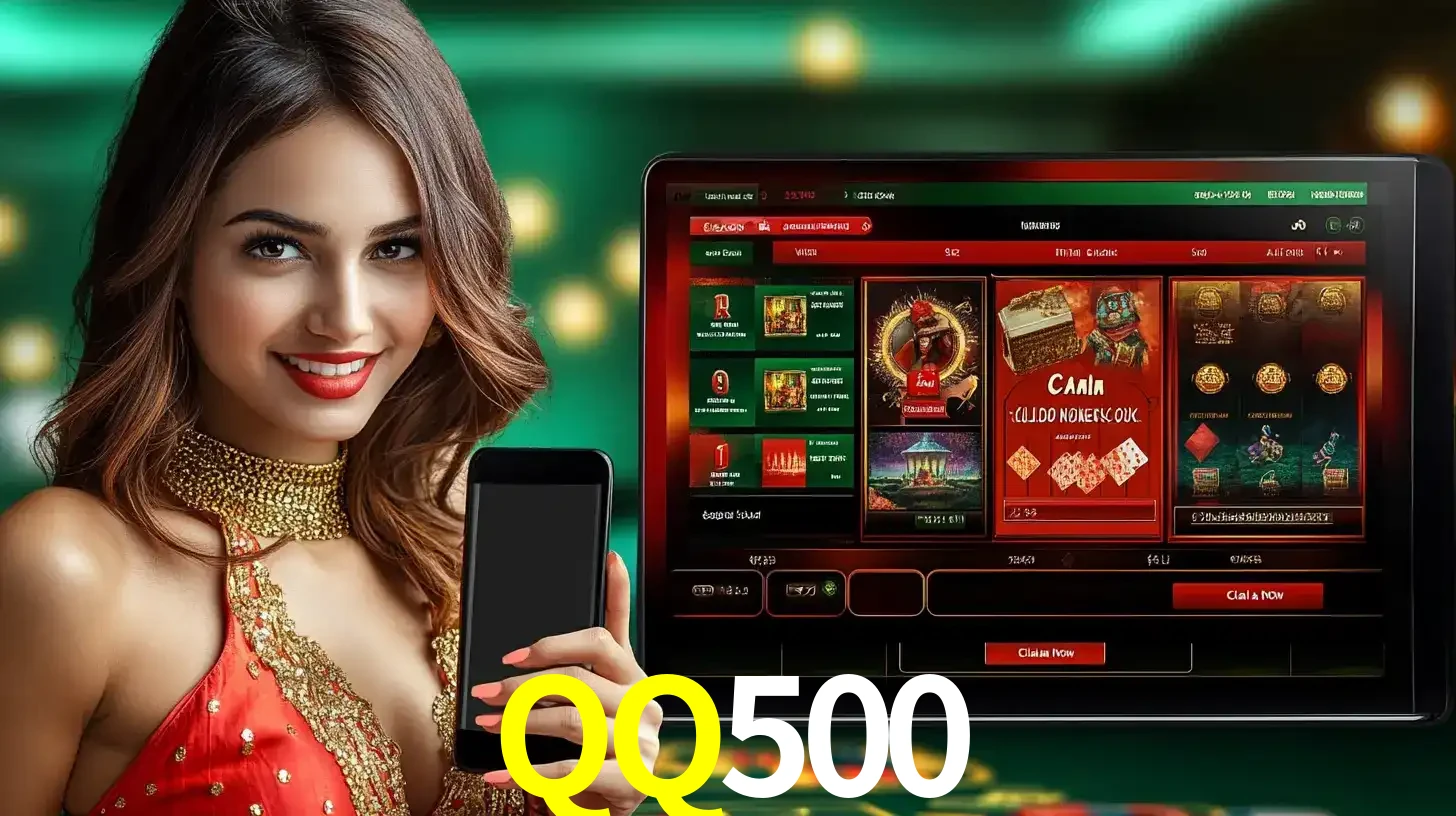 Mulher sorridente segurando um smartphone, ao lado de uma tela exibindo o lobby de jogos do cassino online QQ500, com várias opções de jogos de cartas e slots.